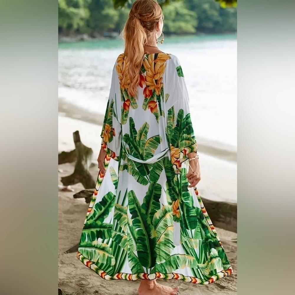 Stunning Tropical Leaf Print Long Swim Cover-Up Kimono Cardigan Duster